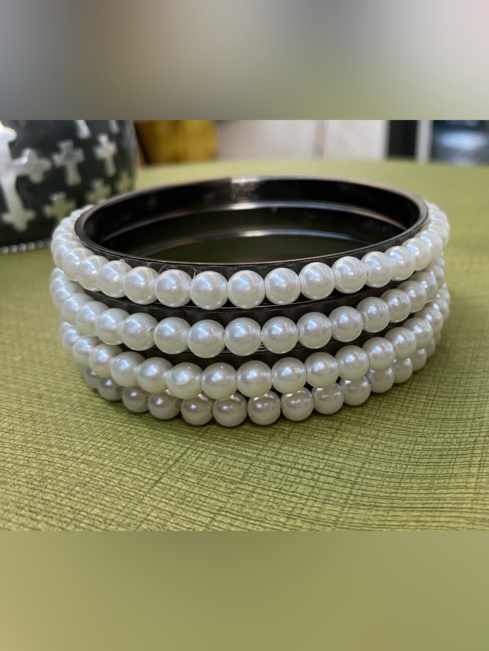 Classic White Pearl-Accented Black Bangle Set - Women Jewelry